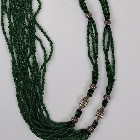 Long Multi Strand Green Glass Seed Bead Necklace w/ Silver Tone Beads - Picture 12 of 16